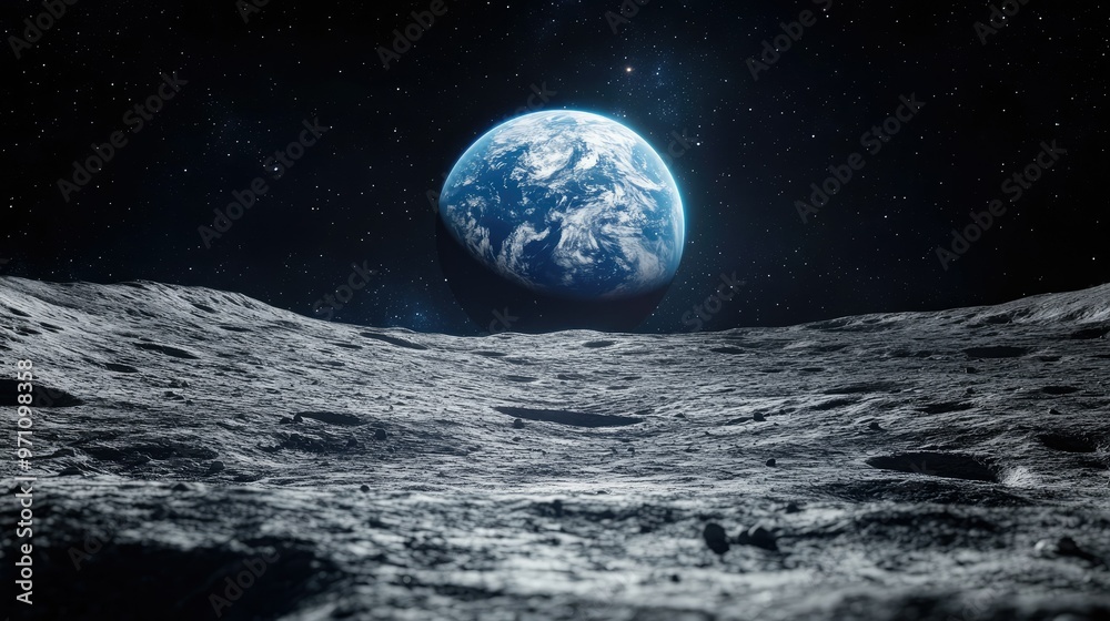 The breathtaking Earthrise as seen from the moon, with the dark space surrounding the blue planet and the lunar surface in detail. The breathtaking Earthrise as seen from the moon, with the dark space surrounding the blue planet and the lunar surface in detail.