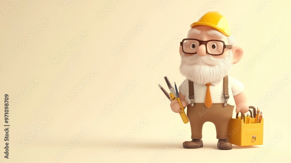 A cheerful elderly man with glasses, holding tools and a toolbox, representing craftsmanship. A cheerful elderly man with glasses, holding tools and a toolbox, representing craftsmanship.