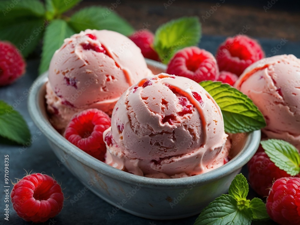 Raspberry ice cream with fresh mint for summer dessert. Raspberry ice cream with fresh mint for summer dessert.