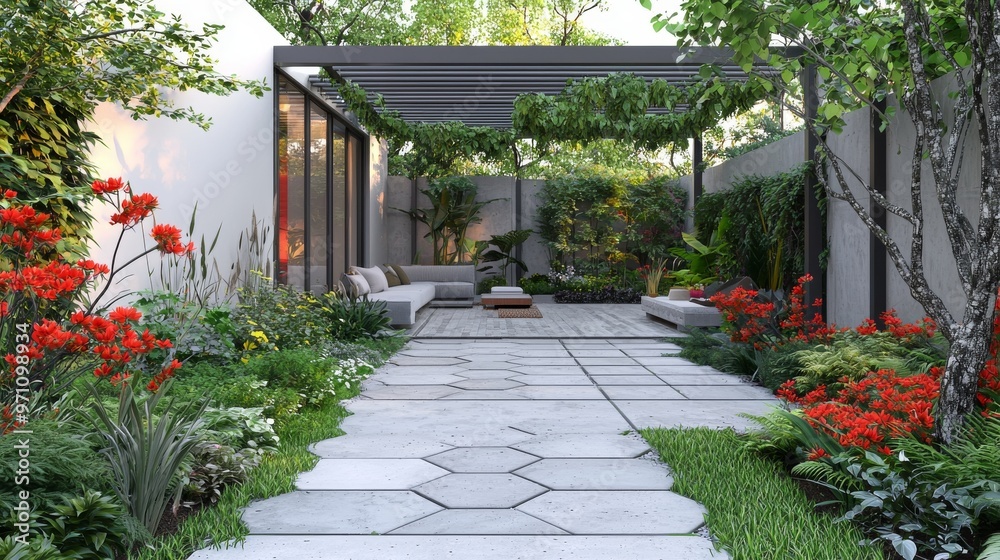 Obraz premium Featuring hexagonal pavers in neutral tones, modern outdoor seating with clean lines, sharp-edged planters filled with vibrant greenery, this sleek contemporary patio has a minimalist aesthetic.