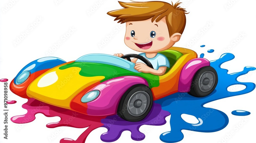 Fototapeta premium A cartoon kid and a 3D car in a whimsical logo design on a white background