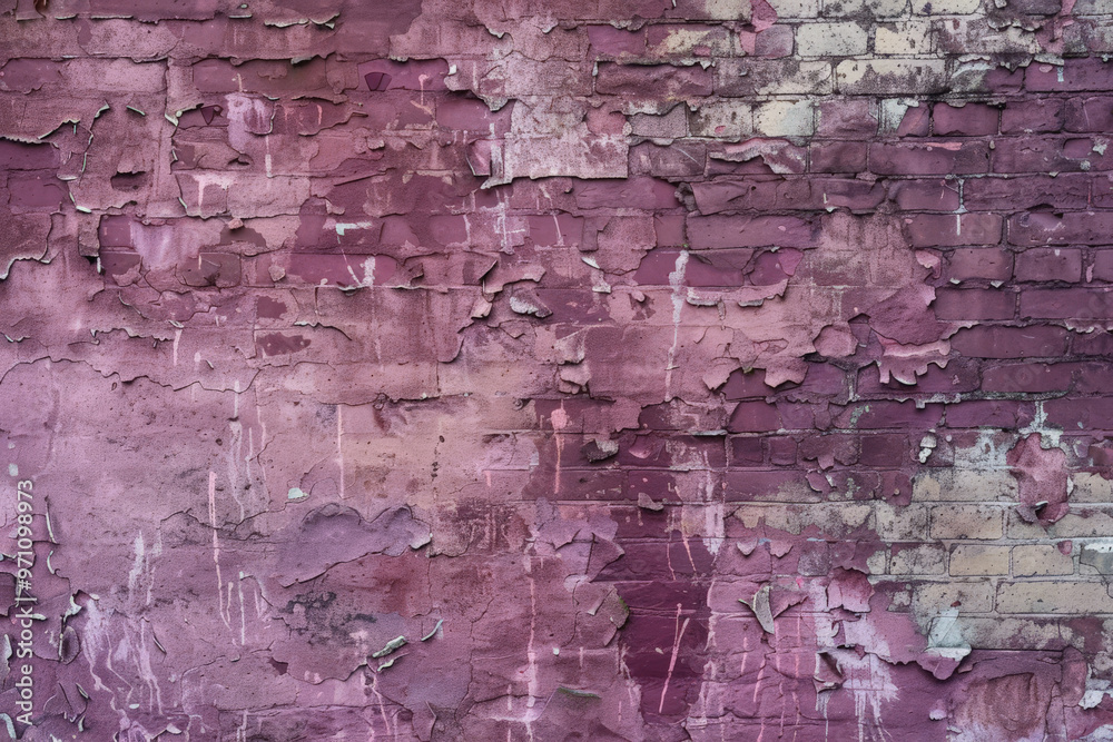 Obraz premium A grunge wall texture in deep burgundy, peeling with signs of heavy wear and tear, and exposed patches of brick.
