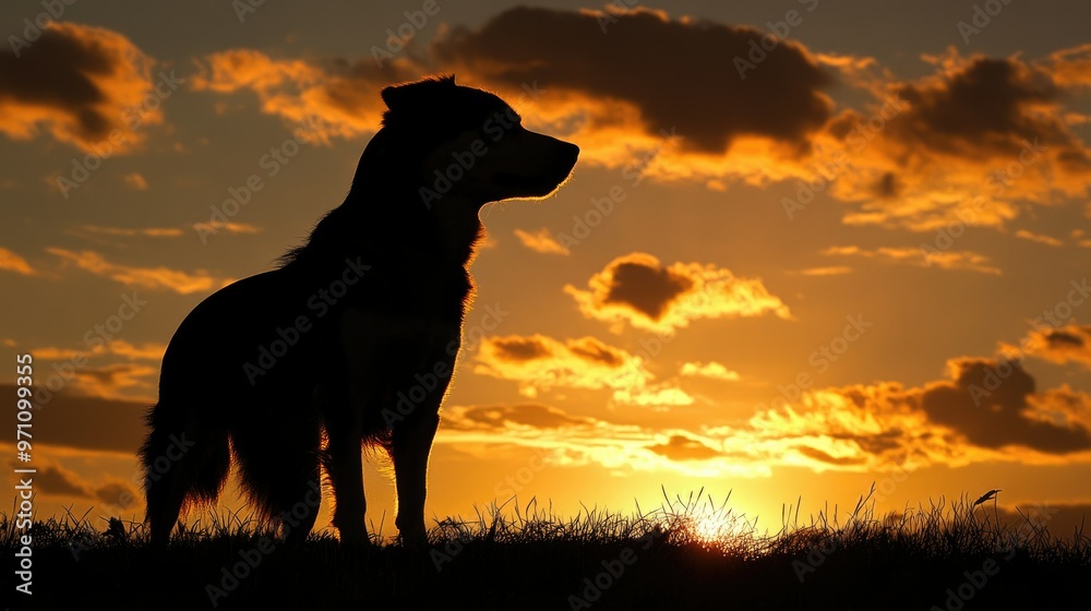 The silhouette of a dog stands at sunset, basking in the radiant sky, evoking a sense of peace and remembrance for departed pets. The silhouette of a dog stands at sunset, basking in the radiant sky, evoking a sense of peace and remembrance for departed pets.
