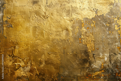 A grunge wall texture in dull gold, with rough patches, scratches, and an aged, tarnished finish.