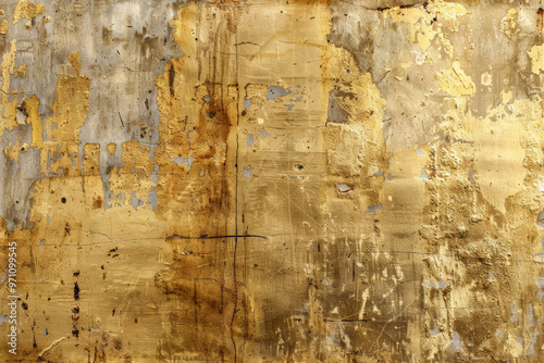 A grunge wall texture in dull gold, with rough patches, scratches, and an aged, tarnished finish. photo