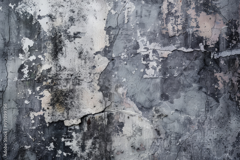 Fototapeta premium A grunge wall texture in dusty grey, featuring a heavily worn, industrial look, with cracks, stains, and chipped paint.
