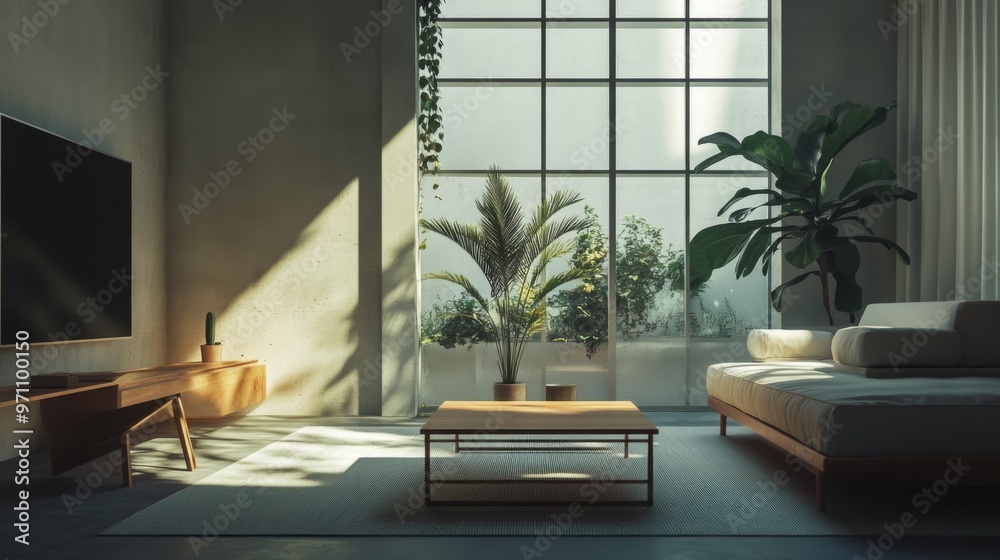 Fototapeta premium High-resolution shot of a minimalist living space with large windows, natural light, and a few carefully chosen decorative elements for a sophisticated look