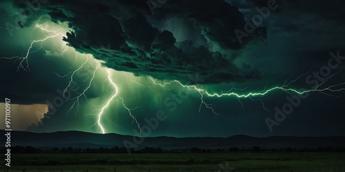 realistic photography of a green lightning trace on dark skies background