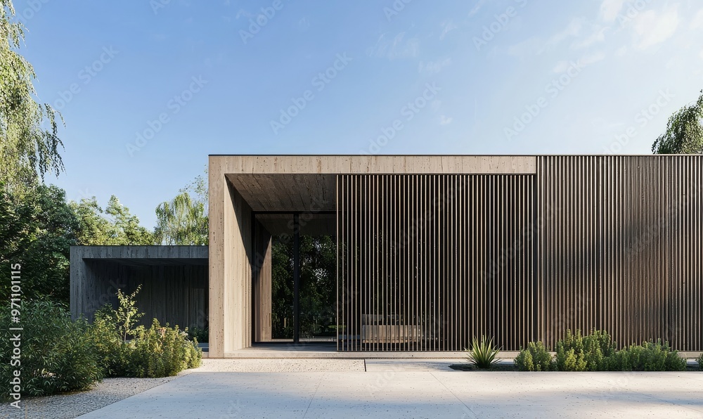 Fototapeta premium 3D rendering of modern cozy house with parking and pool for sale or rent. The exterior is wood plank with beautiful landscaping in the background. A clear evening with soft light from the window