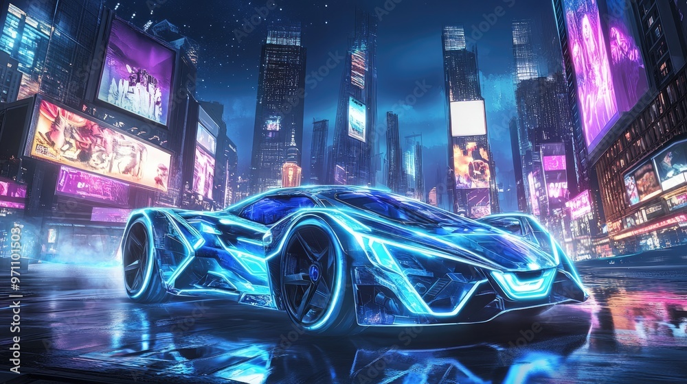 A futuristic car illuminated by neon lights in a vibrant cityscape at night. A futuristic car illuminated by neon lights in a vibrant cityscape at night.
