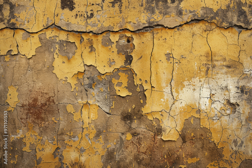 Obraz premium A grunge wall texture in mustard brown, showing heavy wear, rust stains, and a rough, cracked surface.