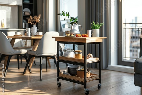 Three-tier black steel kitchen cart with light wood top and open bottom shelf, featuring an empty bowl of sugar, mugs, and mixing utensils in a bright living room with a modern white dining table.