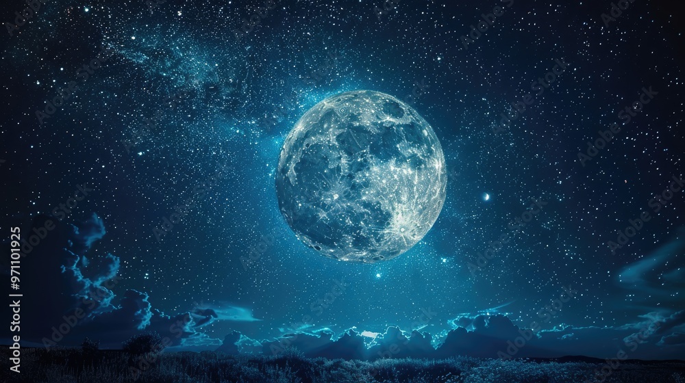 Fototapeta premium A captivating view of a bright full moon glowing intensely against a starry night sky, with soft clouds beneath, evoking a sense of wonder and tranquility.