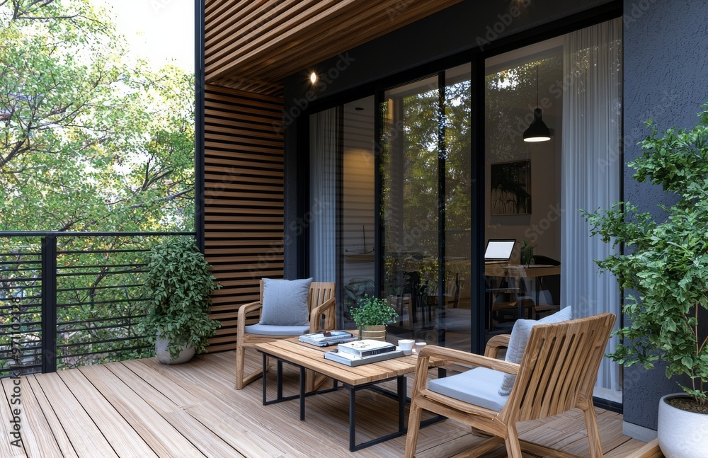 A lovely terrace with wood on the wall, a table and a sofa. A patio with lots of greenery and a big window. A relaxing outdoor space for relaxing. A lovely terrace with wood on the wall, a table and a sofa. A patio with lots of greenery and a big window. A relaxing outdoor space for relaxing.
