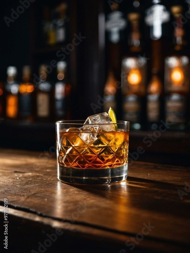 Schnapps - A classic whiskey cocktail served on the rocks, with a rich amber hue and elegant presentation.