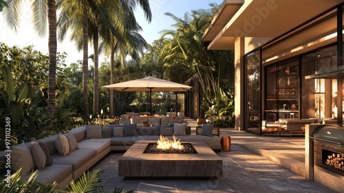 An outdoor wooden patio with sofa set in 3D illustration