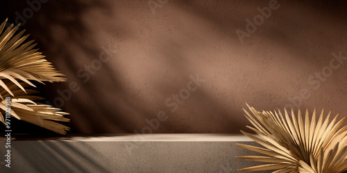 Empty product placement stage with natural light and dry palm home decor on brown wall. Autumn background mockup for beauty, spa and cosmetic showroom. Aesthetic showroom table platform 