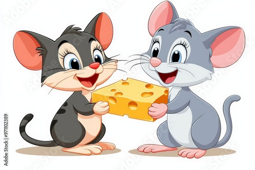 An illustration featuring two cute mice joyfully sharing a large block of cheese, showcasing a moment of friendship and cooperation with playful expressions. photo