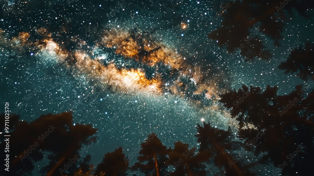 Fototapeta premium A stunning view of the galaxy from a forest clearing, showcasing the radiant stars and the Milky Way, framed by tall trees, representing nature's cosmic magnificence.