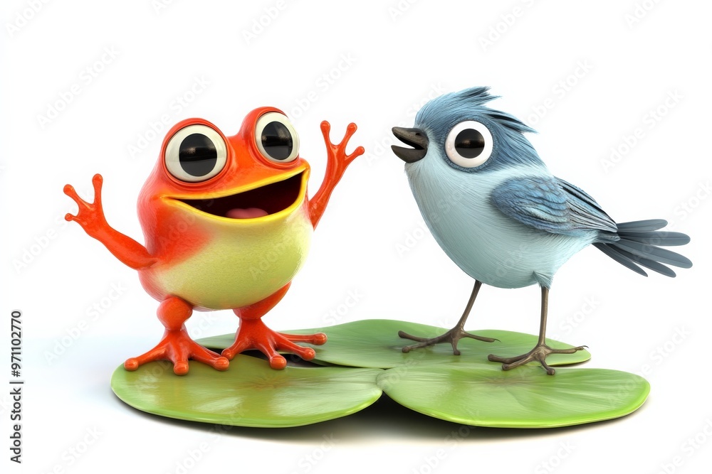 A happy orange frog and a blue bird stand cheerfully on a green lily pad, showcasing a heartwarming and whimsical friendship in nature.