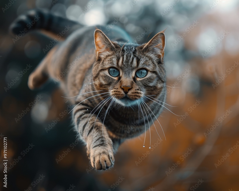 A brave cat leaps directly towards the camera, showcasing its playful spirit and confidence A brave cat leaps directly towards the camera, showcasing its playful spirit and confidence