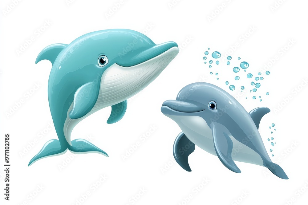 Two friendly dolphins, one large and one smaller, swim happily in clear blue ocean water, capturing the essence of marine life and oceanic joy. Two friendly dolphins, one large and one smaller, swim happily in clear blue ocean water, capturing the essence of marine life and oceanic joy.