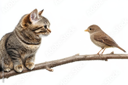 A tabby cat and a brown bird face each other on a narrow branch, creating an intriguing and heartwarming interaction set on a simple white background. photo