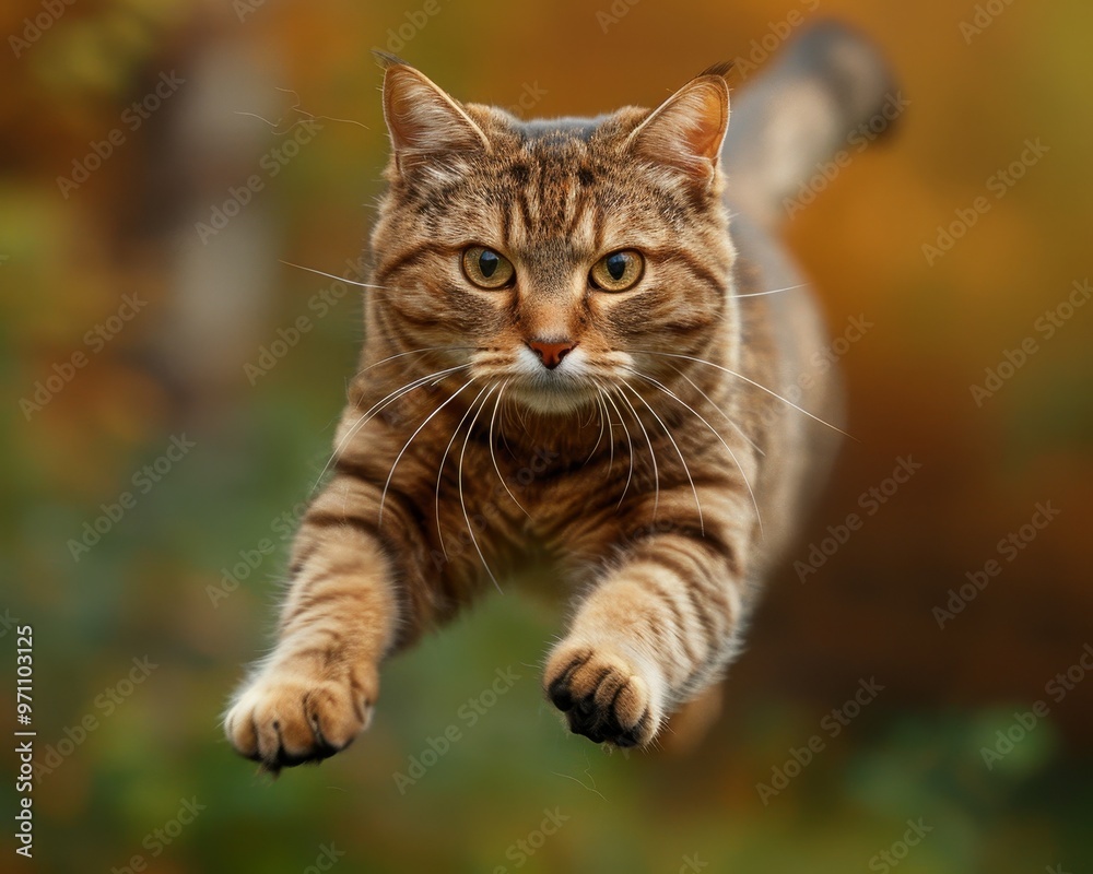 Fototapeta premium A brave cat leaps onto the camera, showcasing its playful and adventurous spirit
