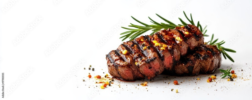 Savory grilled steak garnished with herbs, showcasing a perfect sear for a delicious and appetizing presentation with isolated on white background Savory grilled steak garnished with herbs, showcasing a perfect sear for a delicious and appetizing presentation with isolated on white background