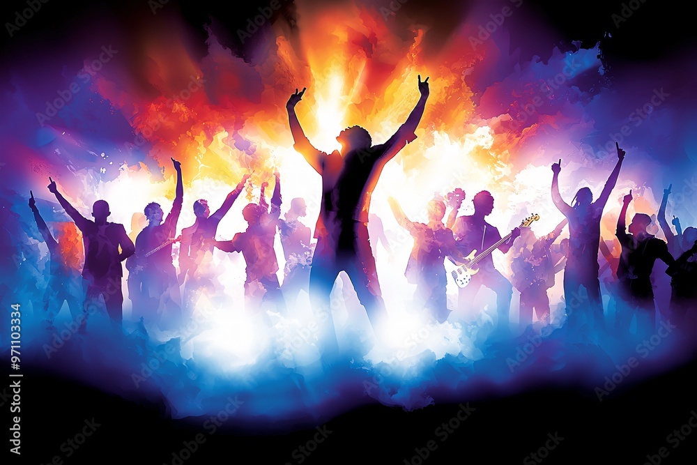 Silhouettes of People Dancing at a Concert with Bright Lights Silhouettes of People Dancing at a Concert with Bright Lights