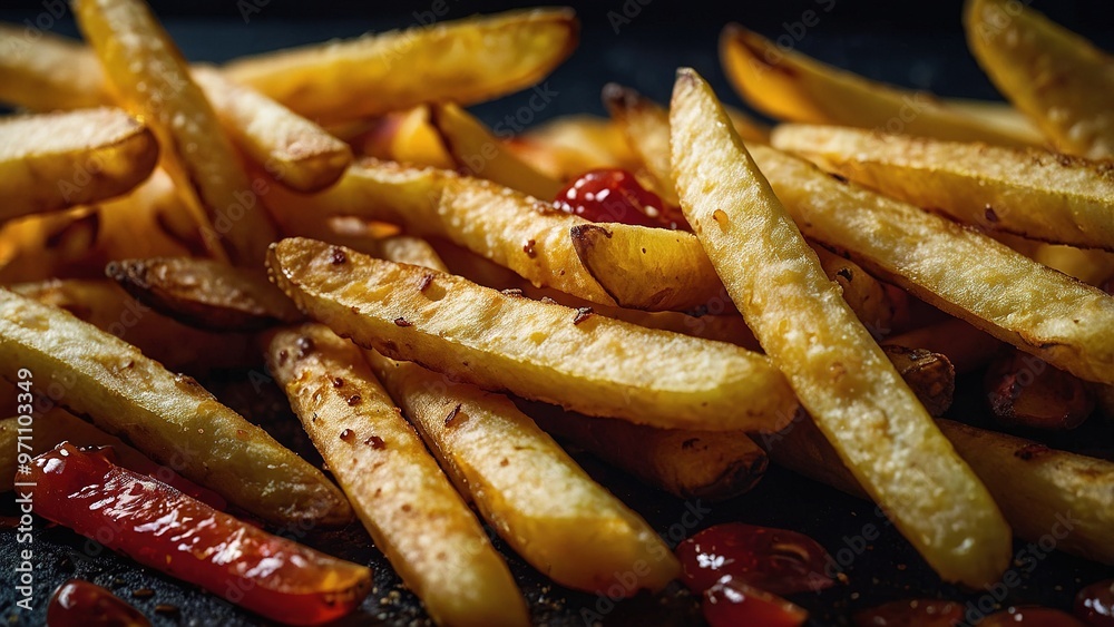 Golden Crispy French Fries Stacked Elegantly on Dark Surface With Dramatic Lighting Golden Crispy French Fries Stacked Elegantly on Dark Surface With Dramatic Lighting