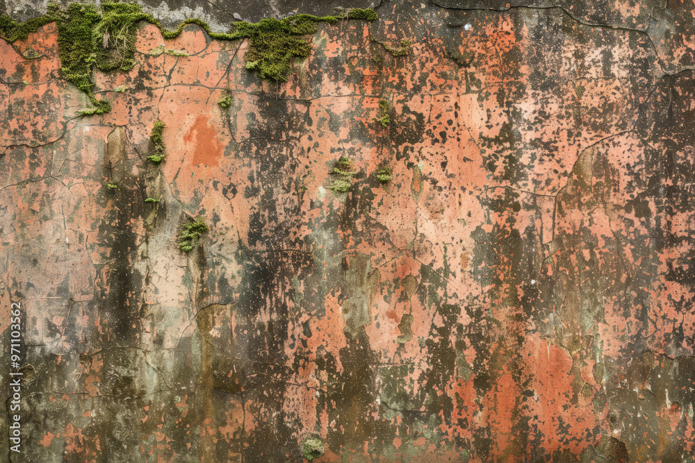 A grunge wall texture in rusty brown, with patches of moss and crumbling paint, showing the effects of time and weather. A grunge wall texture in rusty brown, with patches of moss and crumbling paint, showing the effects of time and weather.