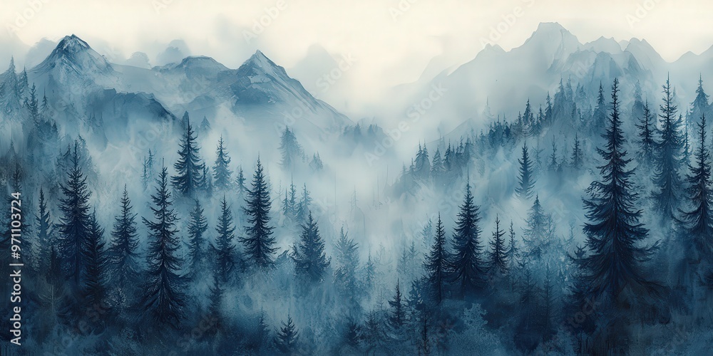 Obraz premium A serene watercolor painting of a misty forest with towering trees and distant mountains, creating a tranquil and dreamy atmosphere perfect for nature-inspired designs, wall art, or calming visual pro