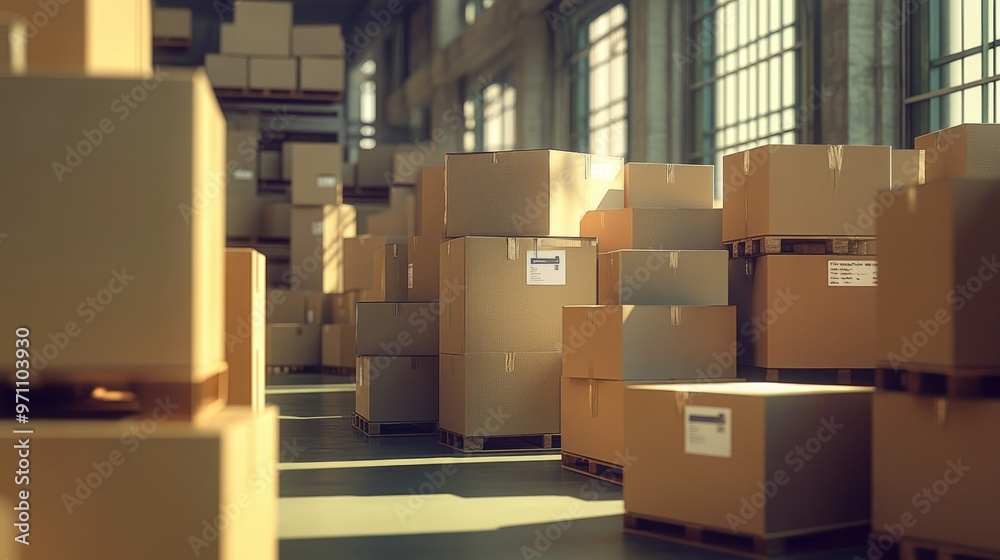Warehouse scene with numerous cardboard boxes stacked in rows, ready for distribution and shipping Warehouse scene with numerous cardboard boxes stacked in rows, ready for distribution and shipping