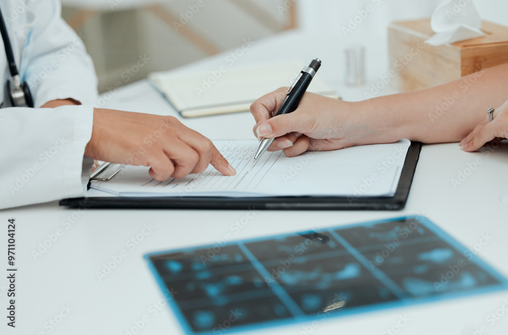 Hands, doctor and patient with paperwork for consultation, form or information for medical procedure. People, signature and document as agreement, health insurance or contract in clinic or hospital Hands, doctor and patient with paperwork for consultation, form or information for medical procedure. People, signature and document as agreement, health insurance or contract in clinic or hospital