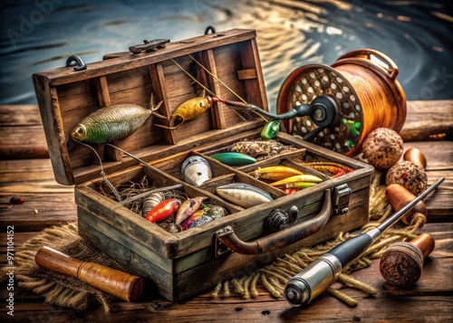 Rustic wooden tackle box overflowing with intricately crafted antique lures, fishing nets, and worn leather-bound reels, evoking nostalgia for a bygone era of serene lake fishing. photo