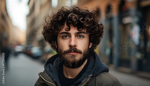 Urban portrait of a young European man with curly hair and stubble in a vibrant city street setting photo