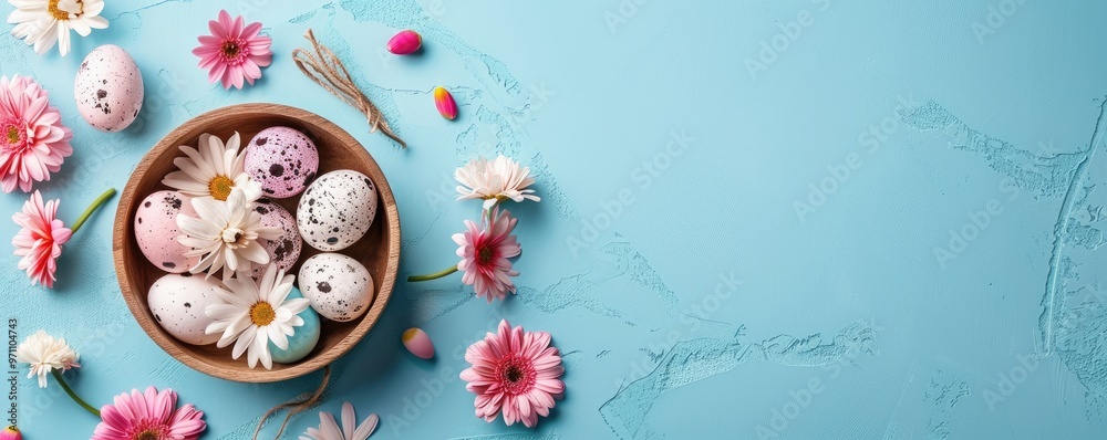 Artistic overhead shot of a bowl filled with colorful Easter eggs adorned with spring flowers.