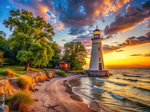 Sandy shoreline meets historic lighthouse tower at sunset, surrounded by lush greenery and rugged Lake Erie shoreline at Marblehead Lighthouse State Park. photo