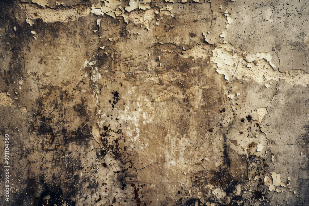Obraz premium A grunge wall texture in slate brown, featuring heavy weathering, water stains, and chipped paint.