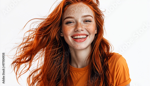 Attractive Young Woman with Freckles and Long Red Hair, Smiling Happily in a Trendy T-Shirt, Isolated on White