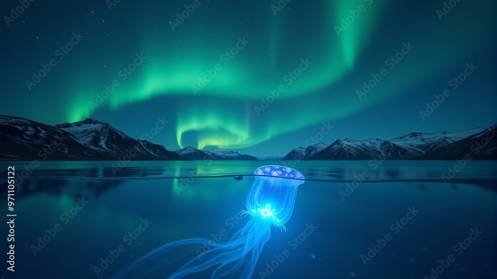 A large jellyfish glowing with blue light, the northern lights in the background A large jellyfish glowing with blue light, the northern lights in the background