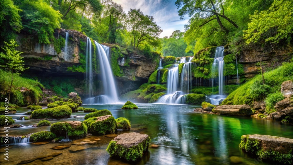 Scenic cascade of Natural Falls, surrounded by lush greenery and moss-covered rocks, in West Siloam Springs, Oklahoma, on a misty day. Scenic cascade of Natural Falls, surrounded by lush greenery and moss-covered rocks, in West Siloam Springs, Oklahoma, on a misty day.