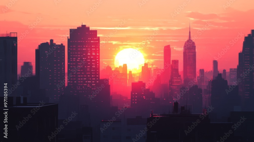 Fototapeta premium High-resolution view of a sunset framed by the silhouette of tall buildings, with the sky painted in hues of orange and pink and the sun partially hidden behind the skyline.
