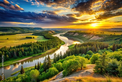 Scenic summer sunset over the serene Saskatchewan River, surrounded by lush green forests and rolling hills, in the heart of Canada's picturesque prairie landscape. photo