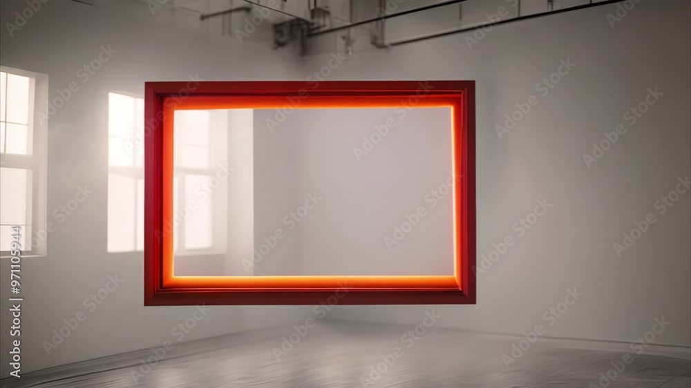 Floating Frame in Empty White Room With Bright Orange Glowing Light Floating Frame in Empty White Room With Bright Orange Glowing Light