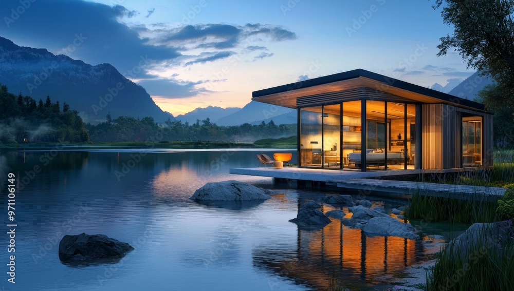 Design of a modern Nordic-style concrete and glass home on a mountain lake.