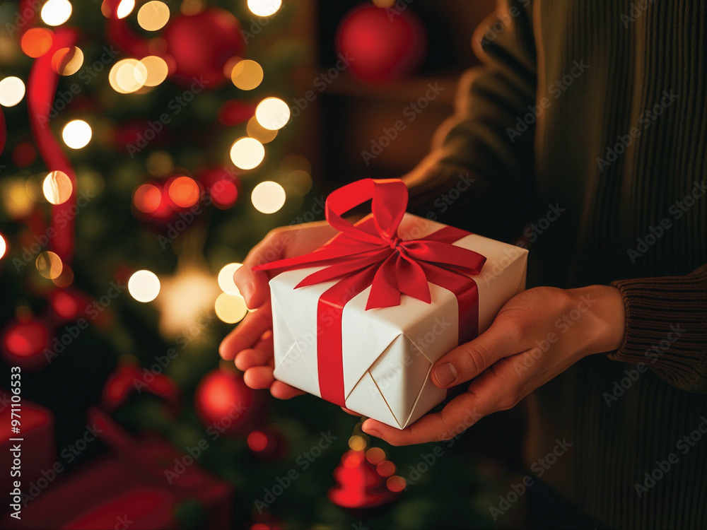 A beautifully wrapped gift with a red ribbon, held in hands, surrounded by festive lights and holiday cheer. A beautifully wrapped gift with a red ribbon, held in hands, surrounded by festive lights and holiday cheer.