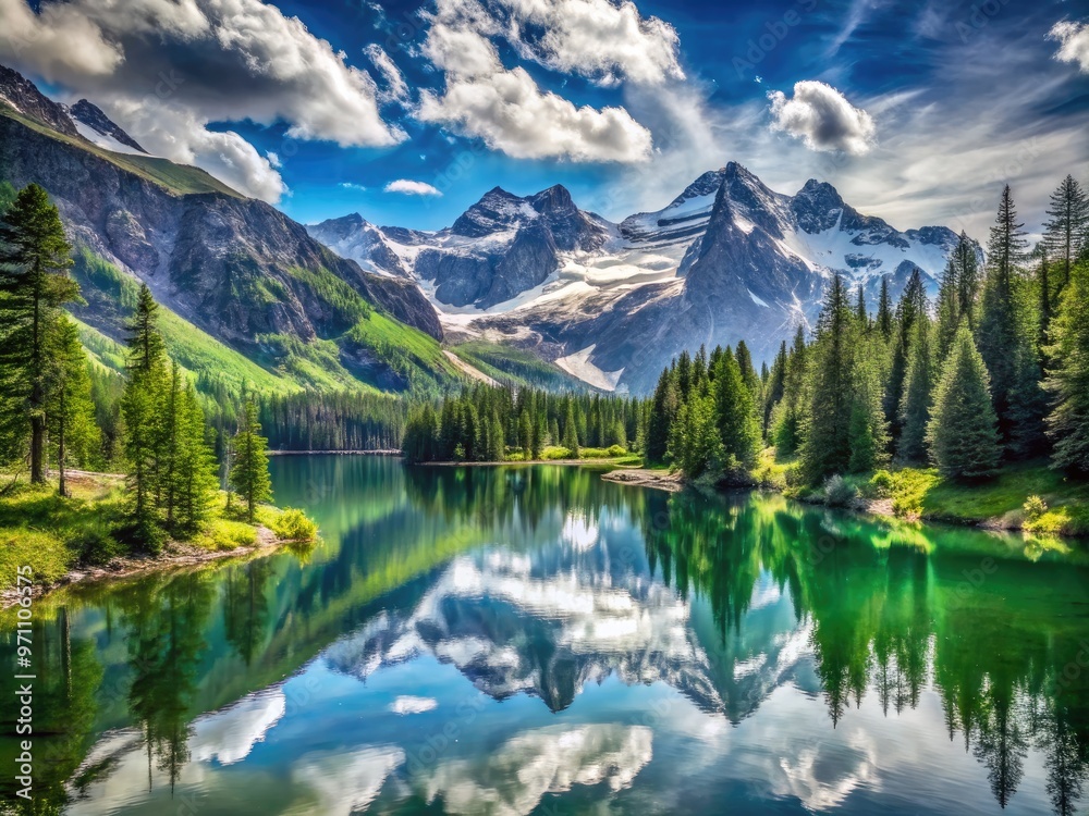 Serene alpine landscape featuring intricate, swirling patterns of snow-capped peaks, evergreen forests, and tranquil lakes, evoking a sense of meditative balance and harmony. Serene alpine landscape featuring intricate, swirling patterns of snow-capped peaks, evergreen forests, and tranquil lakes, evoking a sense of meditative balance and harmony.