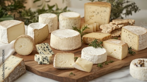 A Diverse Selection of Plant-Based Cheeses Artfully Arranged on a Rustic Wooden Board, Showcasing the Creamy Textures and Flavors of Vegan Dairy Alternatives photo